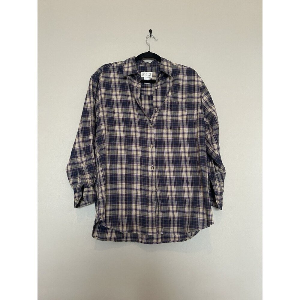 100% Cotton Vintage Y2K Plaid Fall Flannel Button Down Shirt Purple Blue Top M